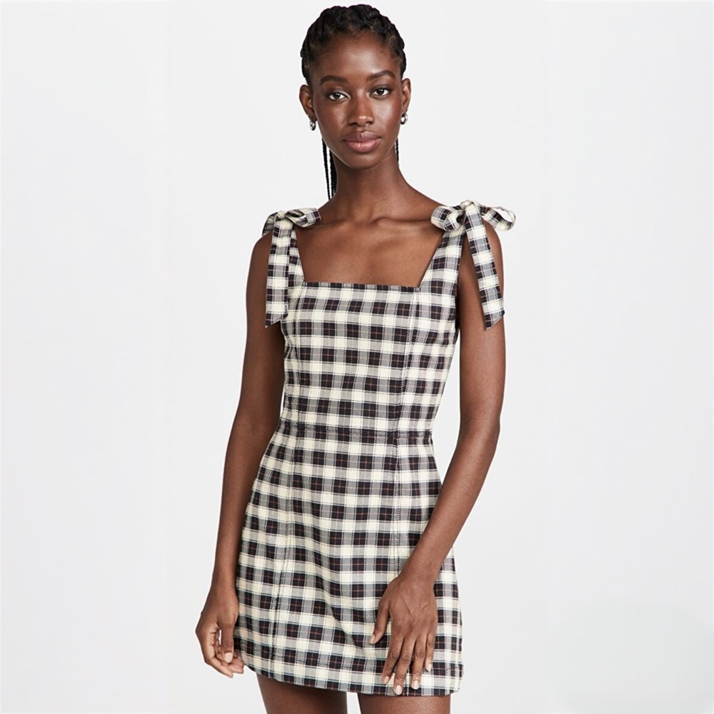 Alice + Olivia Plaid Black White and Red Check Cotton Tie-Shoulder Dress
